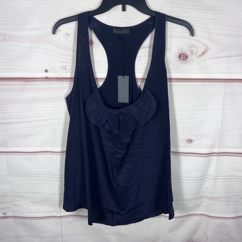 Richard Chai Love Tank Top Women Size 2 Blue Ruffled Neck Racerback Silk Blouse